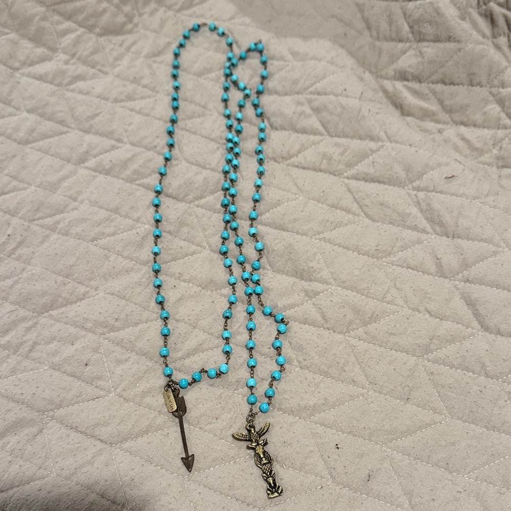 Turquoise Beaded Necklace with Arrow and Deer Charms